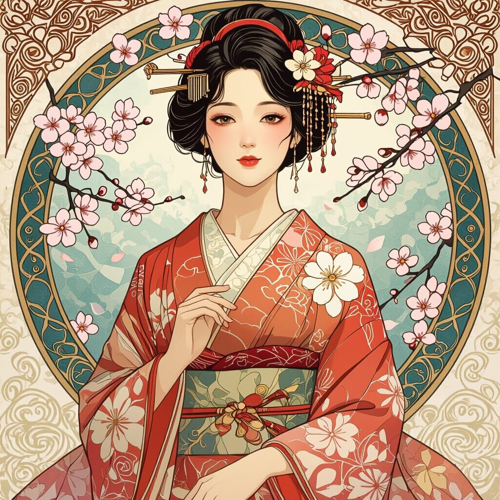 Japanese Goddess in Kimono with Cherry Blossoms