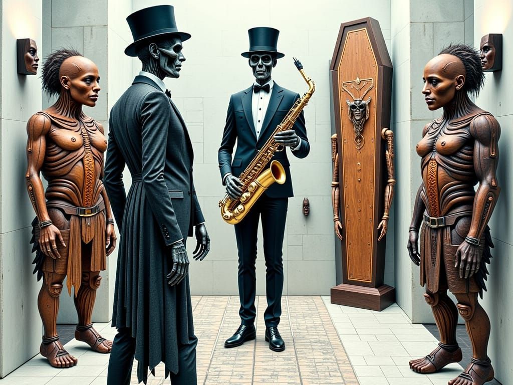 Skeleton Saxophonist Pulled into Coffin by Hands, African Ma...