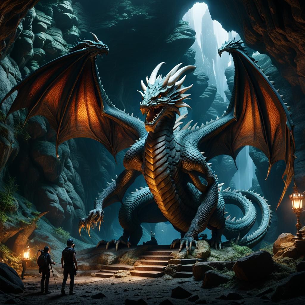 Colossal Dragon Statue in Dark Cave