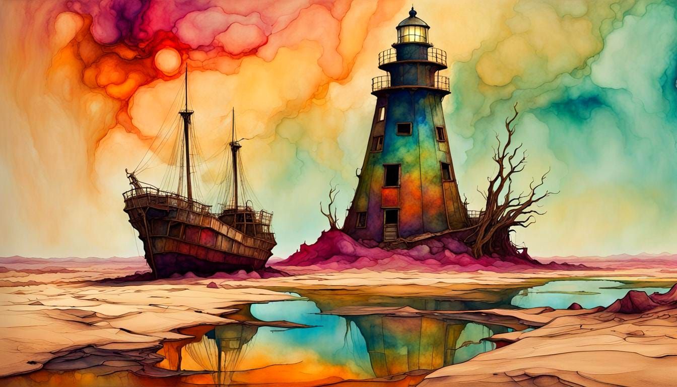 Otherworldly Desert Lighthouse with Sailing Ship