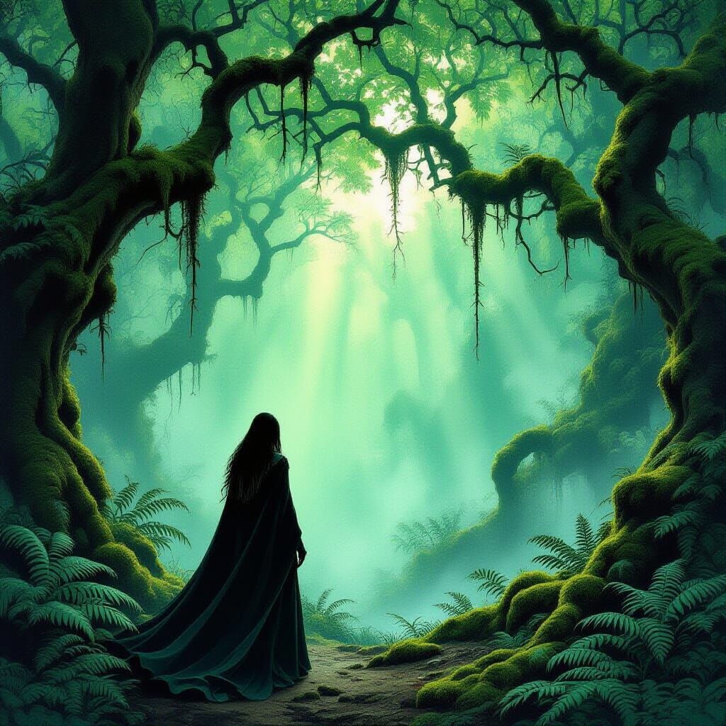 Woman at Edge of Mysterious Forest in Emerald Light