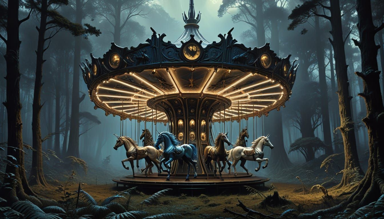 Surreal Carousel of Mythical Beasts in Dark Forest