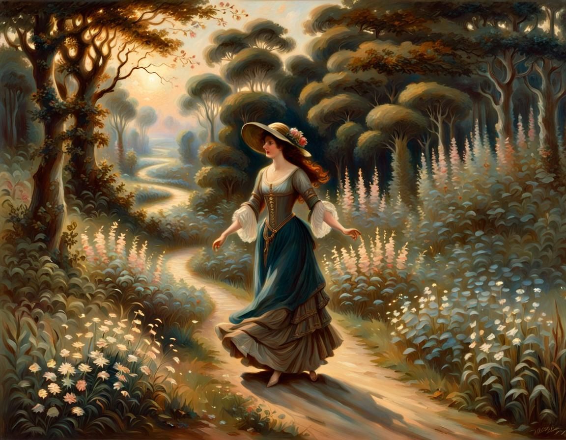Woman Dancing on Forest Path in Pre-Raphaelite Style