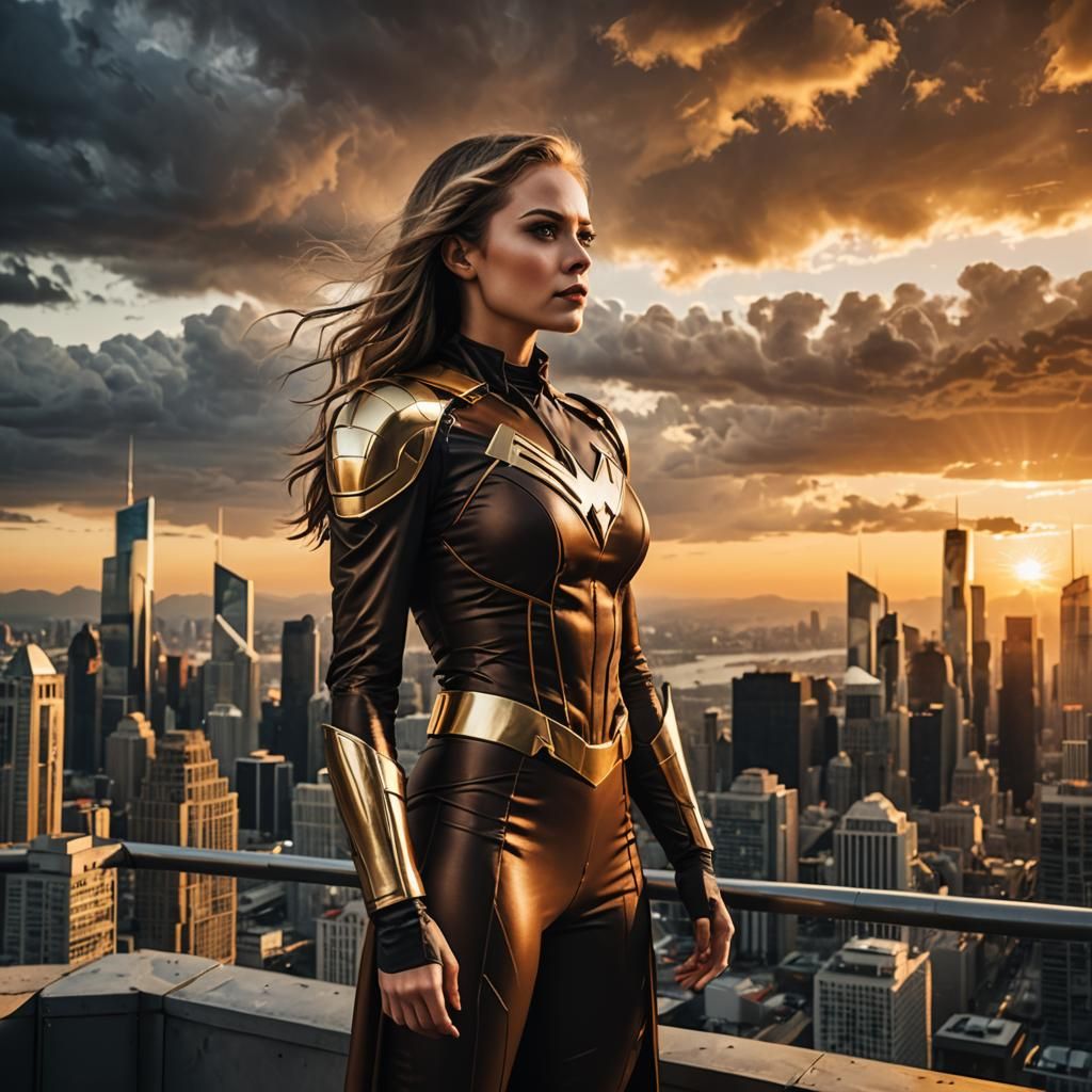Superheroine in Futuristic City at Sunset