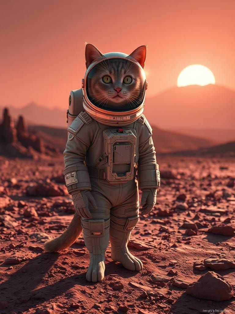 Astronaut Cat on Mars in Hyperrealistic 3D Style