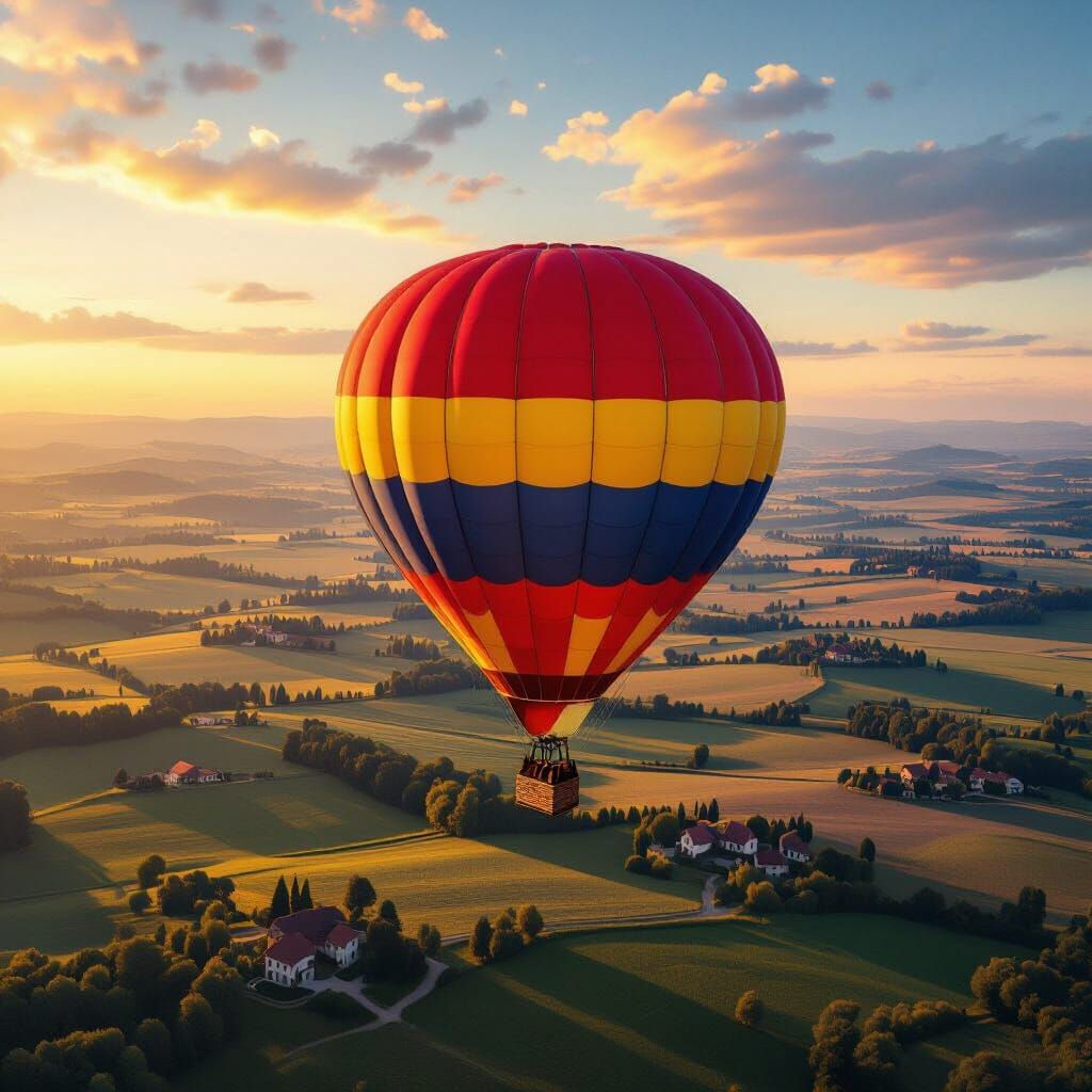 Hot Air Balloon Over European Landscape in Golden Hour