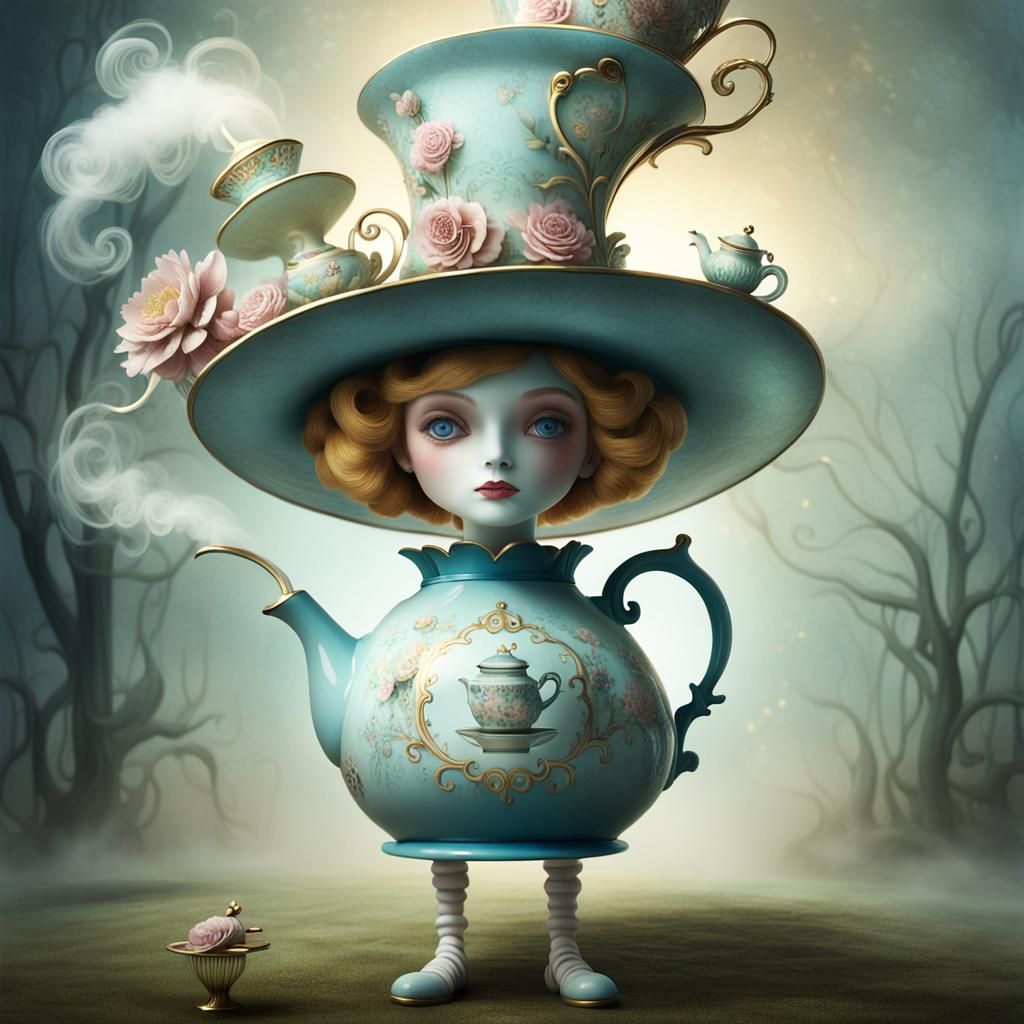Whimsical Surrealist Figure in Fantastical Tea Pot Hat
