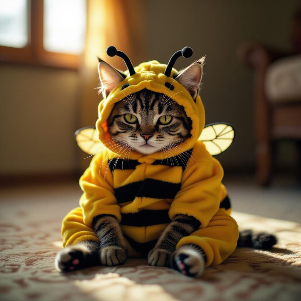Unhappy Kitty in Bee Costume with Cinematic Lighting