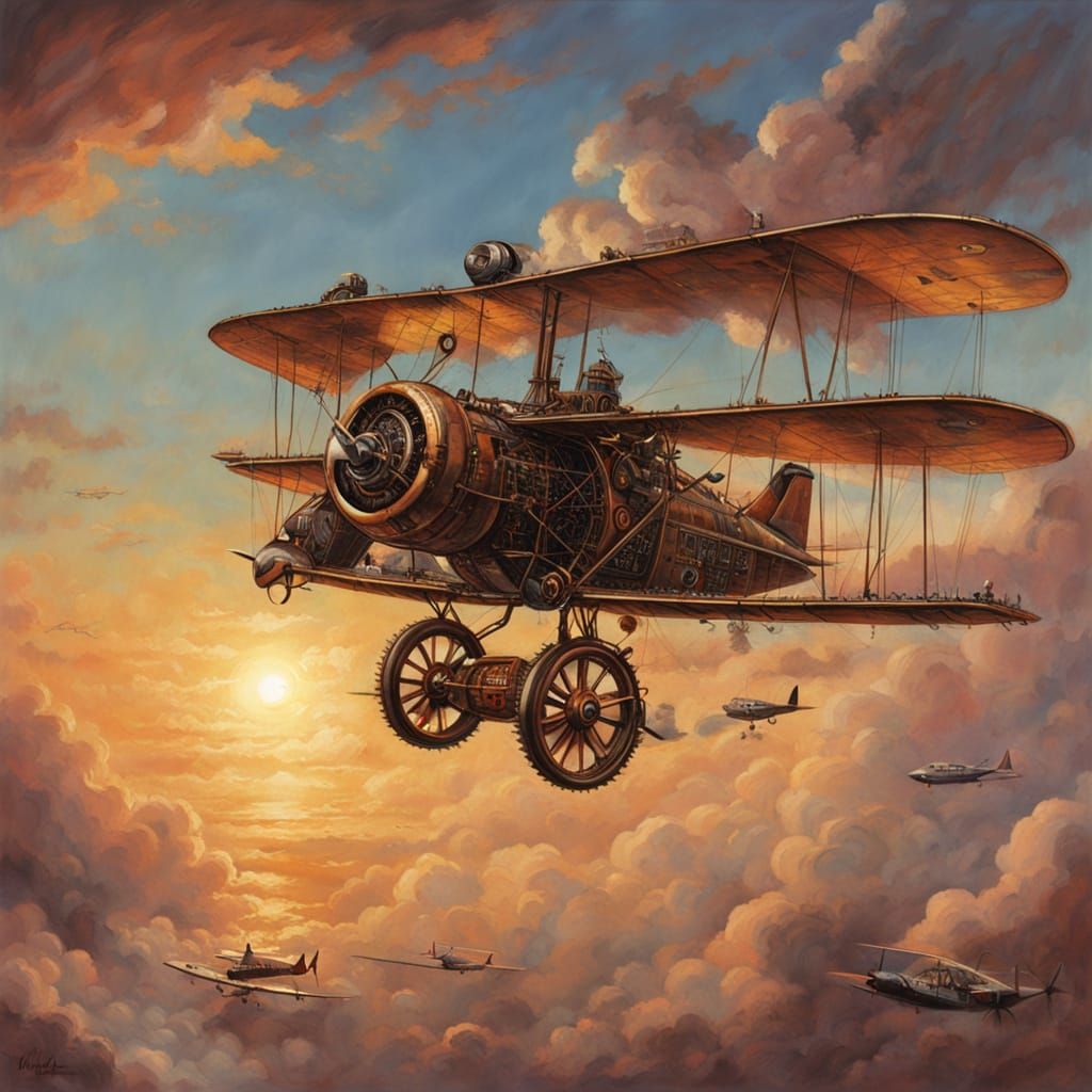 Steampunk Flying Machine in Vivid Sunset Sky