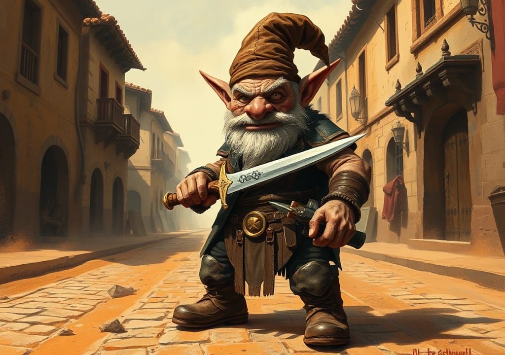 Gnome Warrior Ready for Battle on Medieval Street