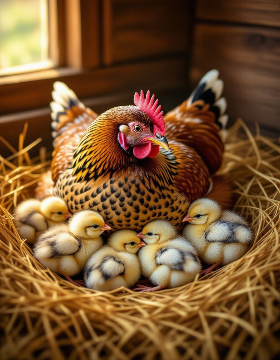 Speckled Hen Tends Fluffy Chicks in Cozy Straw Nest