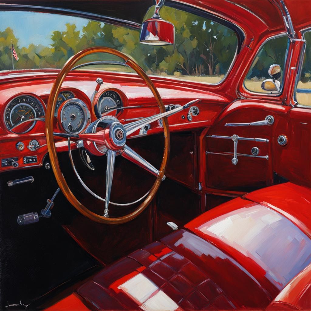 Red Car Dashboard Interior as Oil Painting