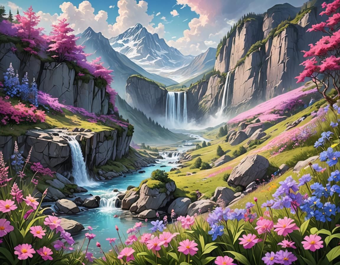 Mountain Vista with Waterfalls and Wildflowers