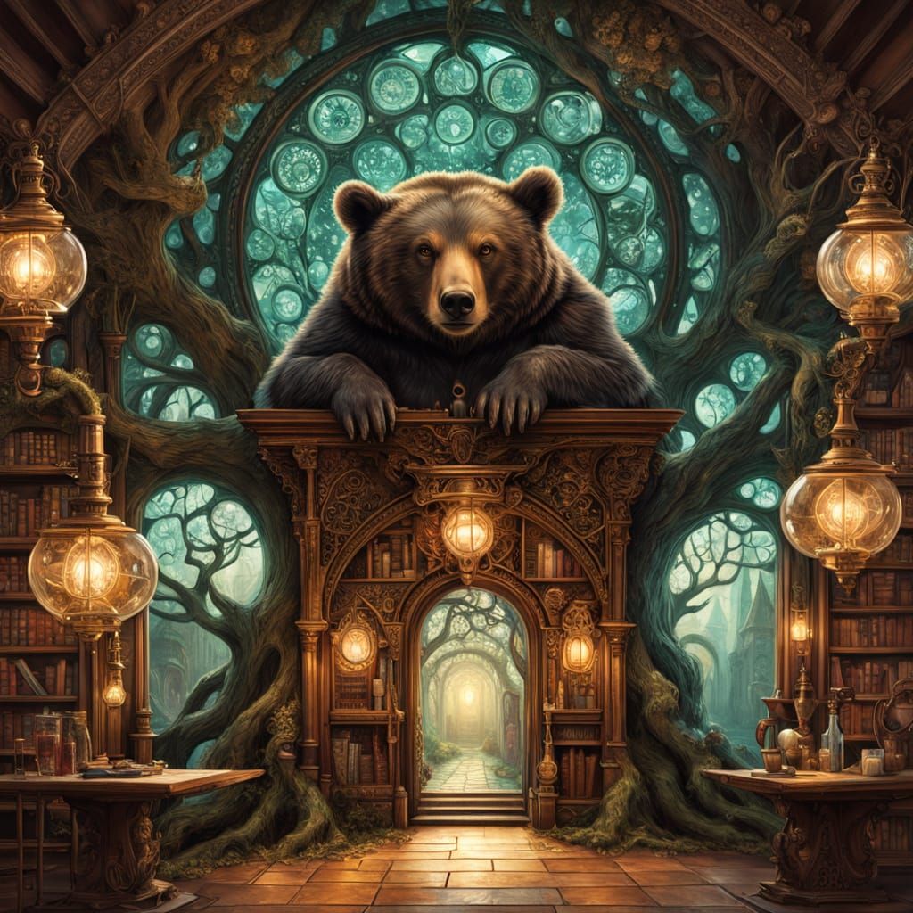 Steampunk Oak Tree Leads to Library with Reading Bear