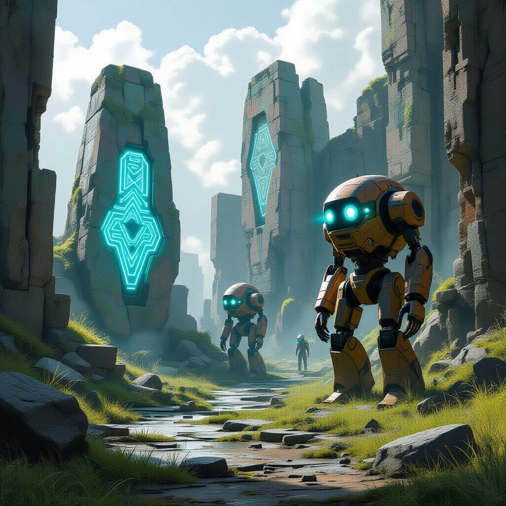 Alien Ruins Patrolled by Droids in Retrofuturistic Style