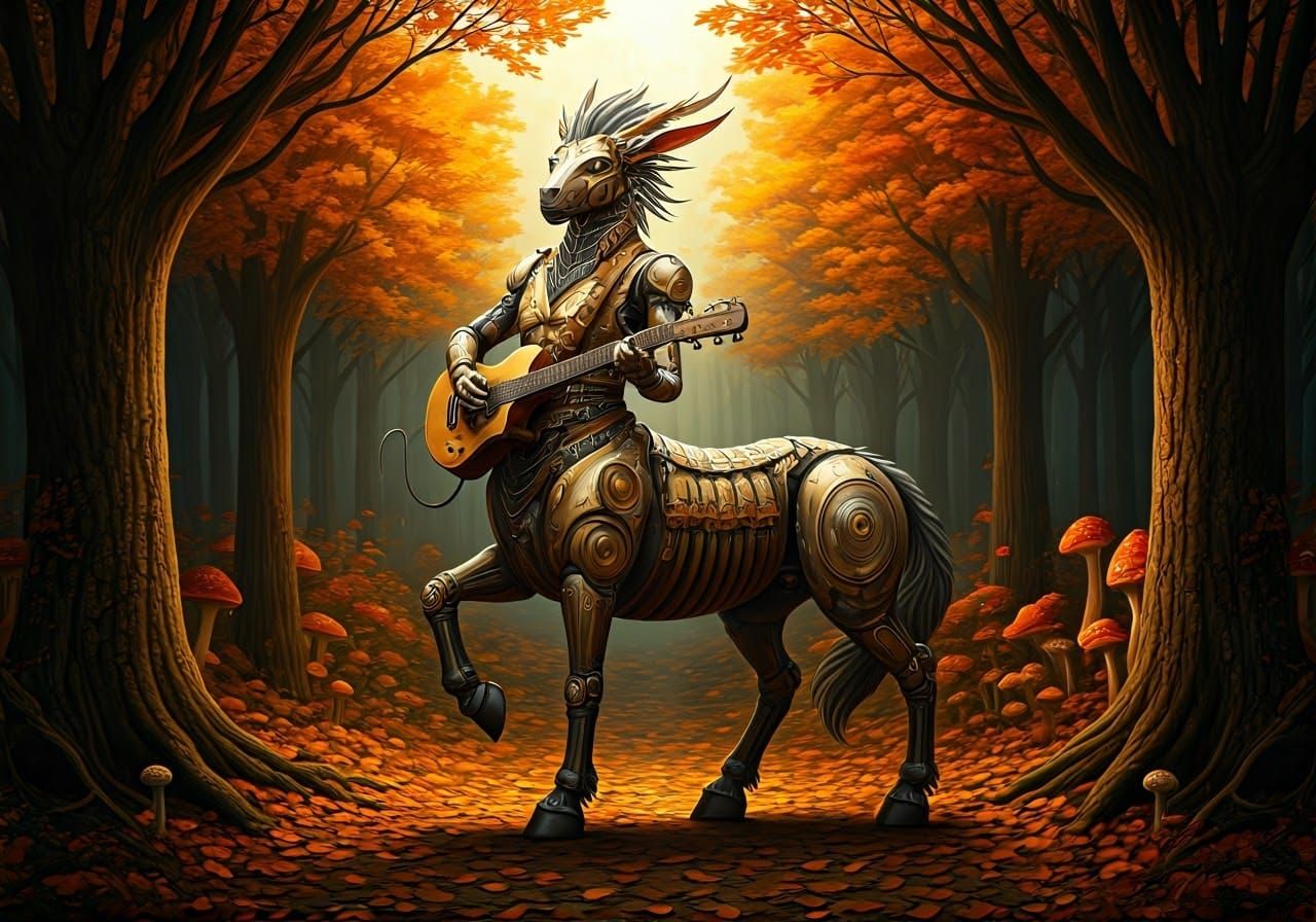 Steampunk Cyborg Centaur Plays Guitar in Autumn Forest