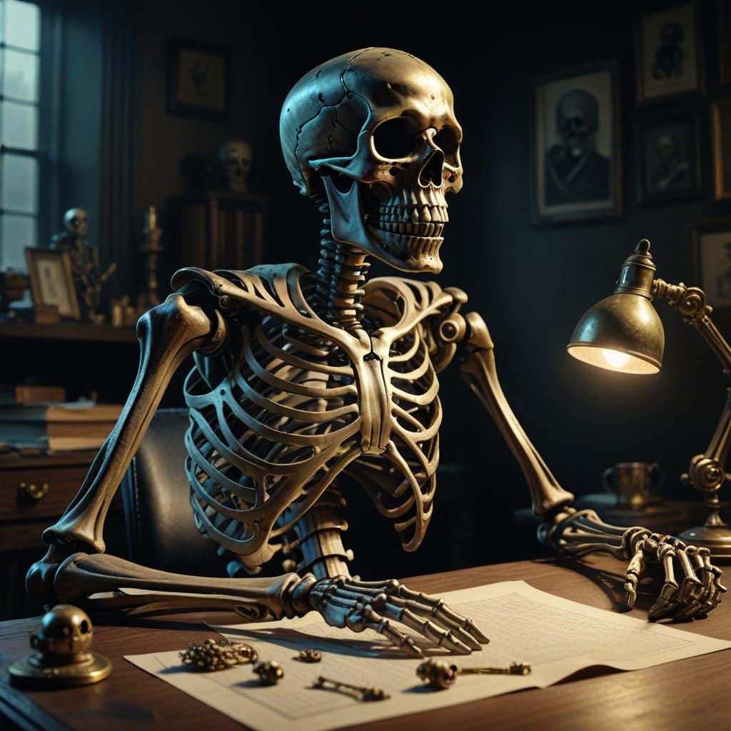 Skeleton at Desk in Pop-Art Caricature Style