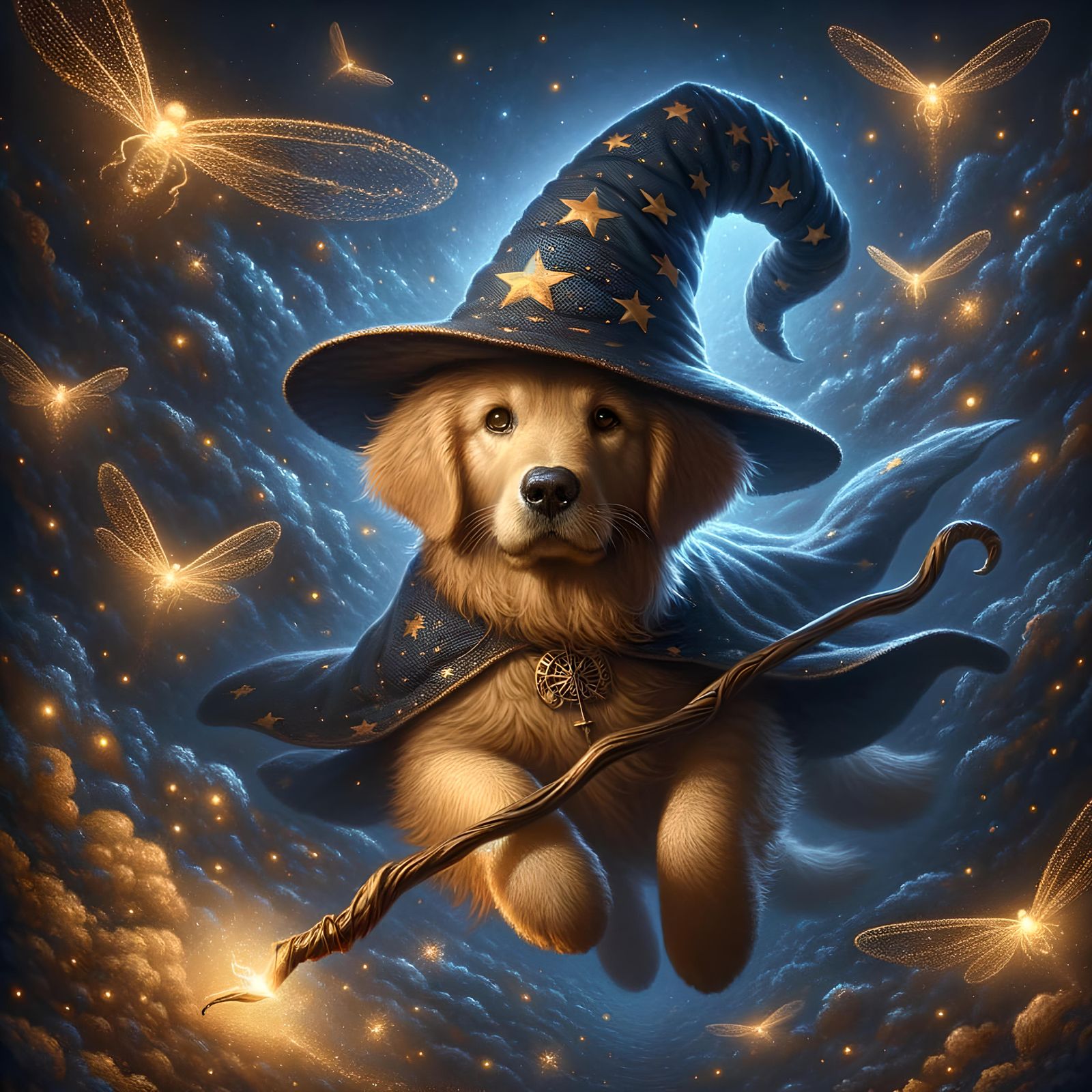 Wizard Golden Retriever in Cosmic Dreamscape