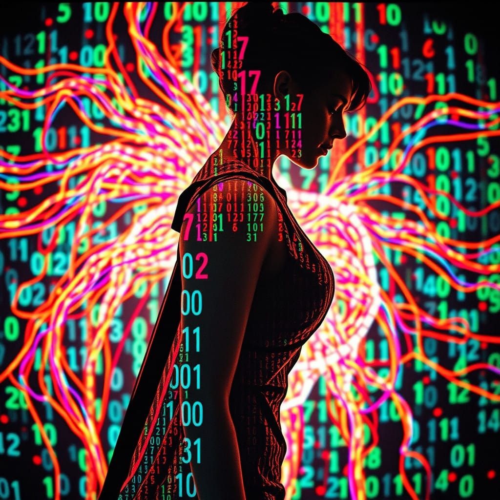 Vibrant Binary Code Woman in Analog Leica Style