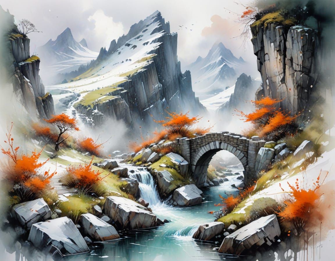 Misty Highland Pass with Ancient Stone Bridge