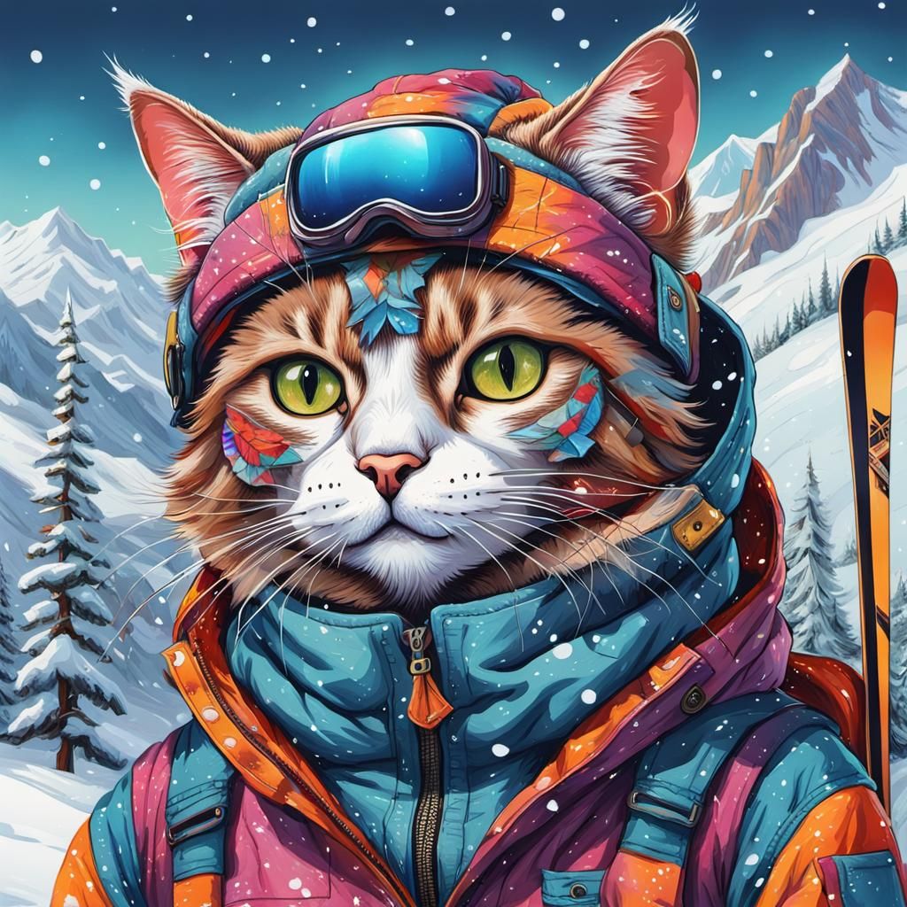 Cat Skiing in Winter Wonderland: Detailed Anthropomorphic Ar...