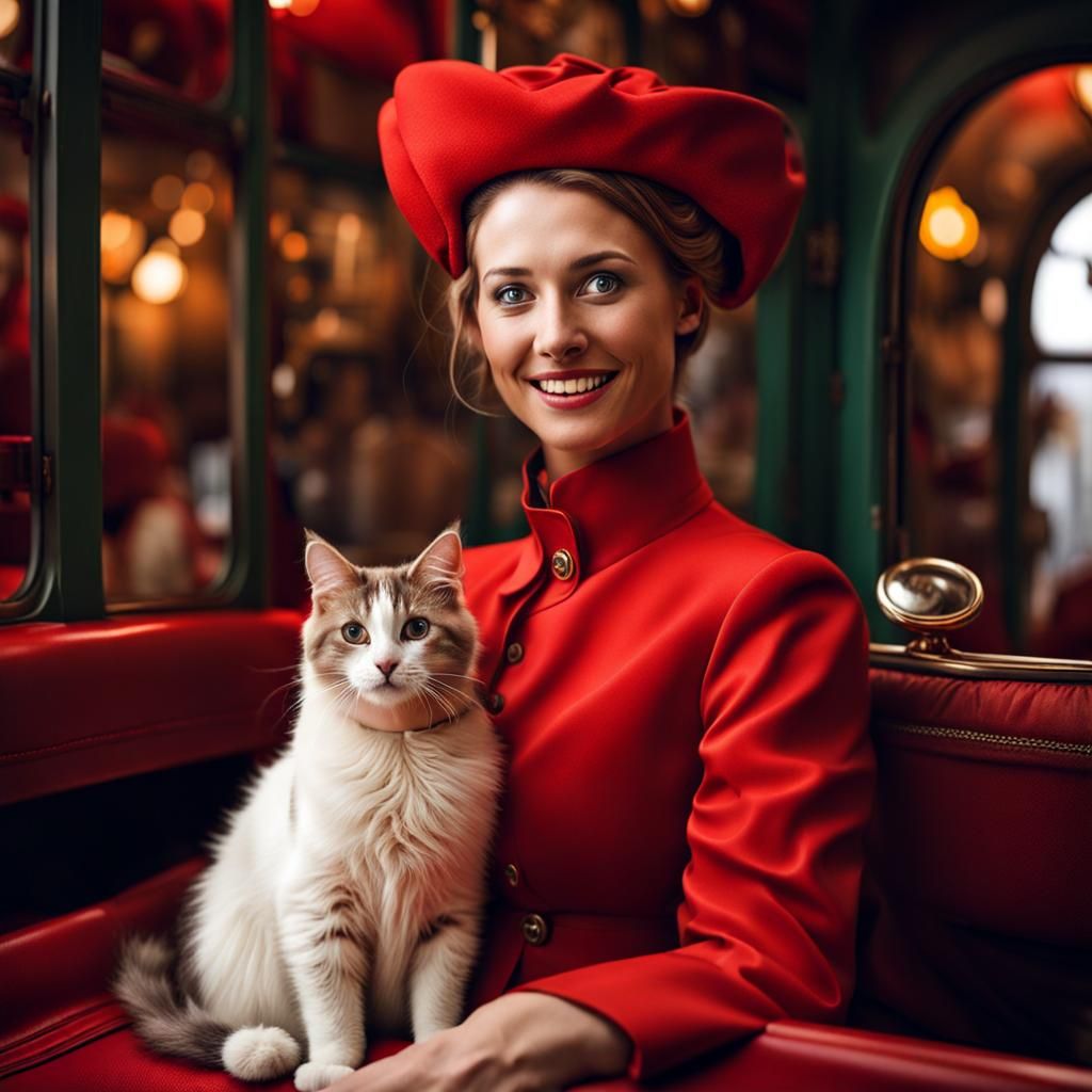 Woman and Cat in Surreal Red City Car