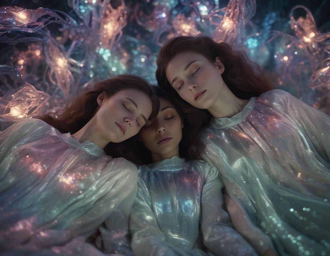 Luminous Aliens Visit Sleeping Woman: Cinematic Film Still