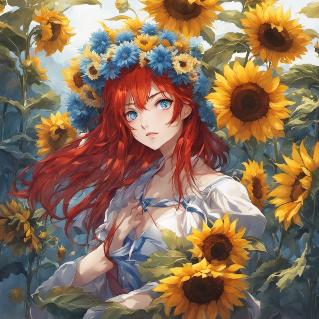 Anime Woman with Sunflowers in Manga Style
