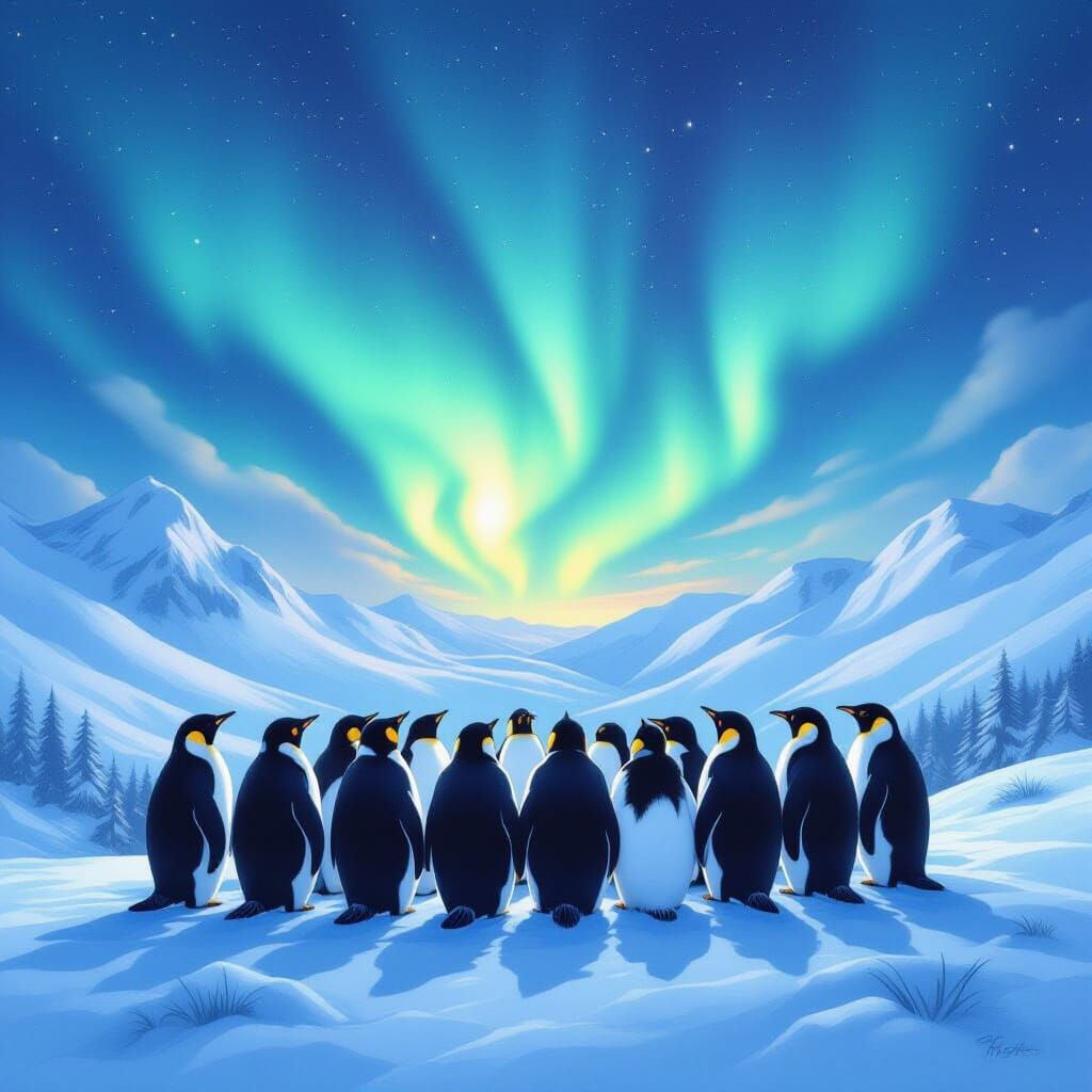 Penguins Admire Northern Lights in Dreamy Landscape