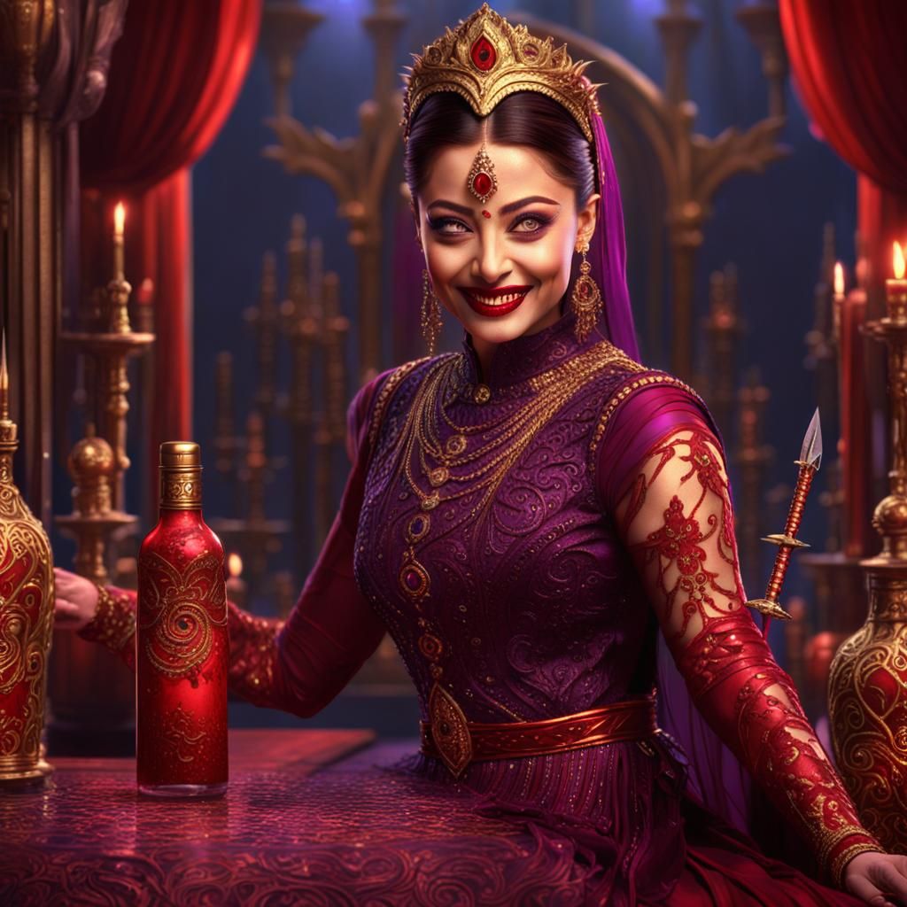 Aishwarya Rai in Red Dress with Dagger, Dark Fantasy Art