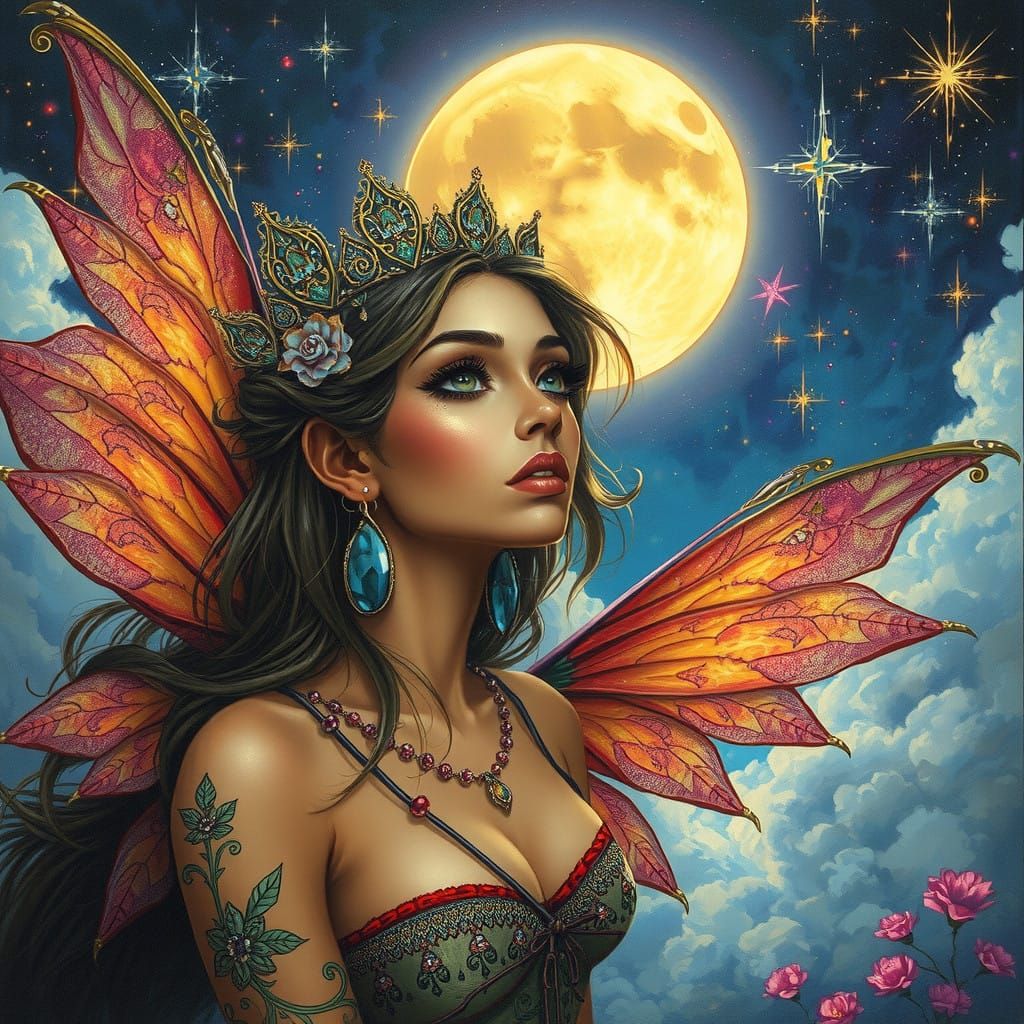 Whimsical Fairy in a Kaleidoscopic Night Sky with Glowing Mo...