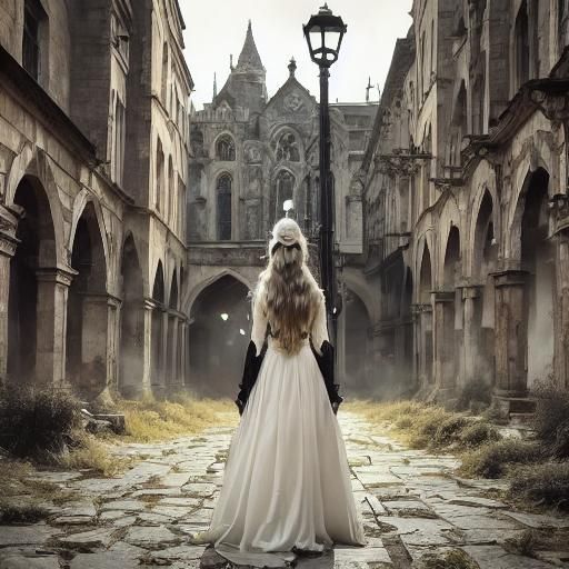 Blonde Woman in Cloak Under Streetlamp: Matte Painting