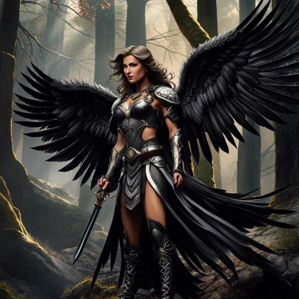 Feathered Valkyrie in Demonic Forest, Hyperrealistic Style
