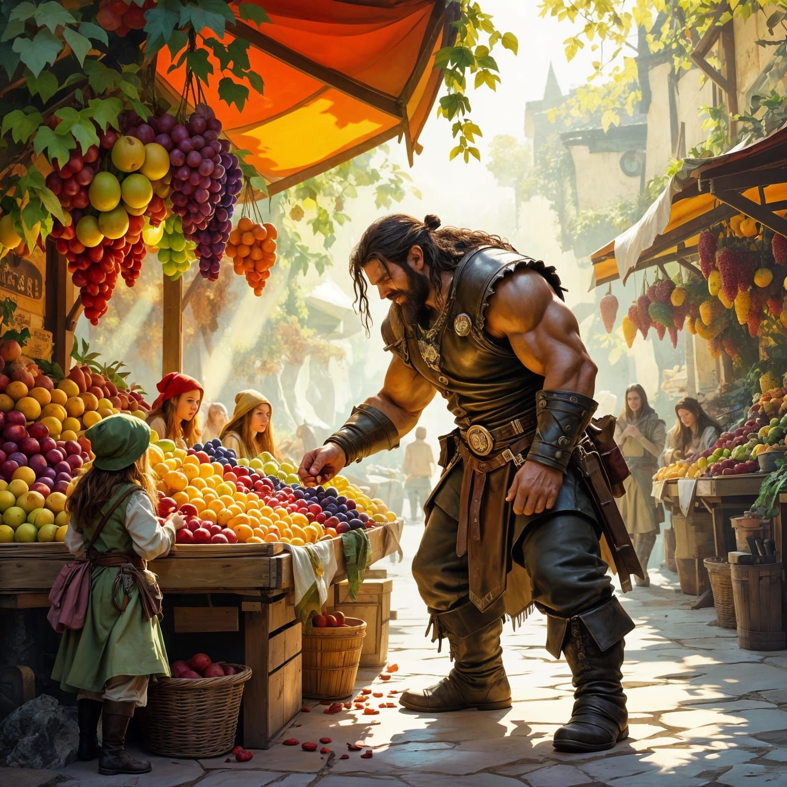 Giant Browsing Hobbit Fruit Stand: Fantasy Art