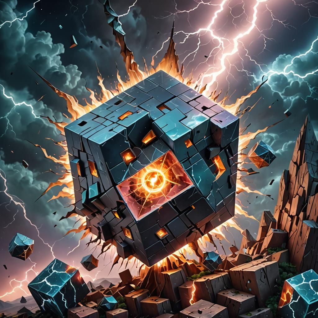 Surreal Cubist Dreamscape: Lightning Strikes Cube Planet