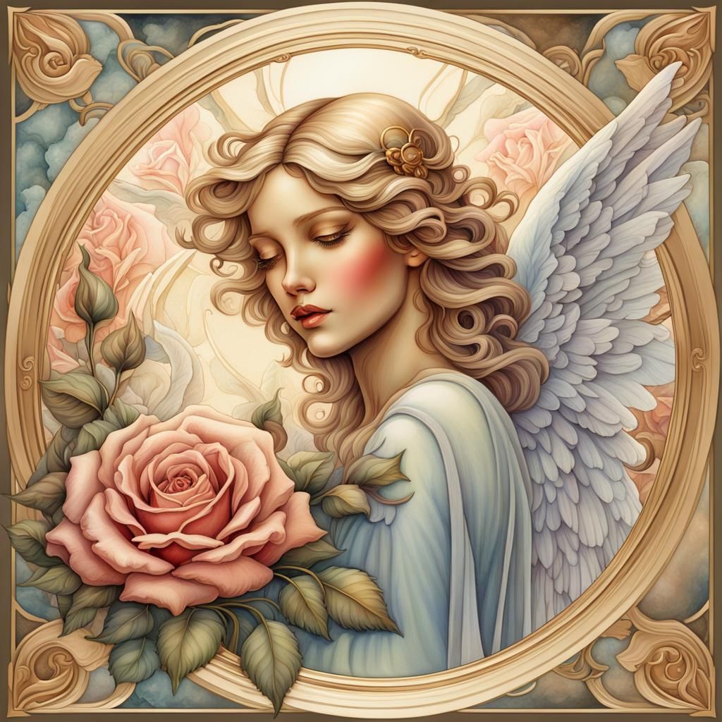 Vintage Angel Smelling a Rose in Art Deco Frame