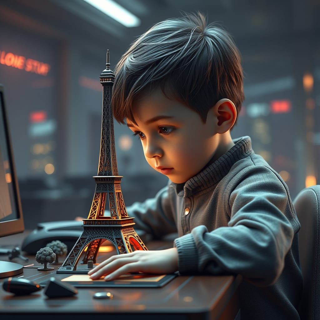 Boy Observes Sci-Fi Eiffel Tower in Wonder