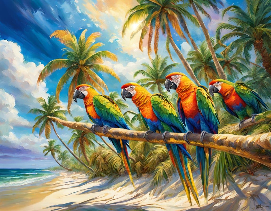 Tropical Beach Scene in Colorful Impressionism Style