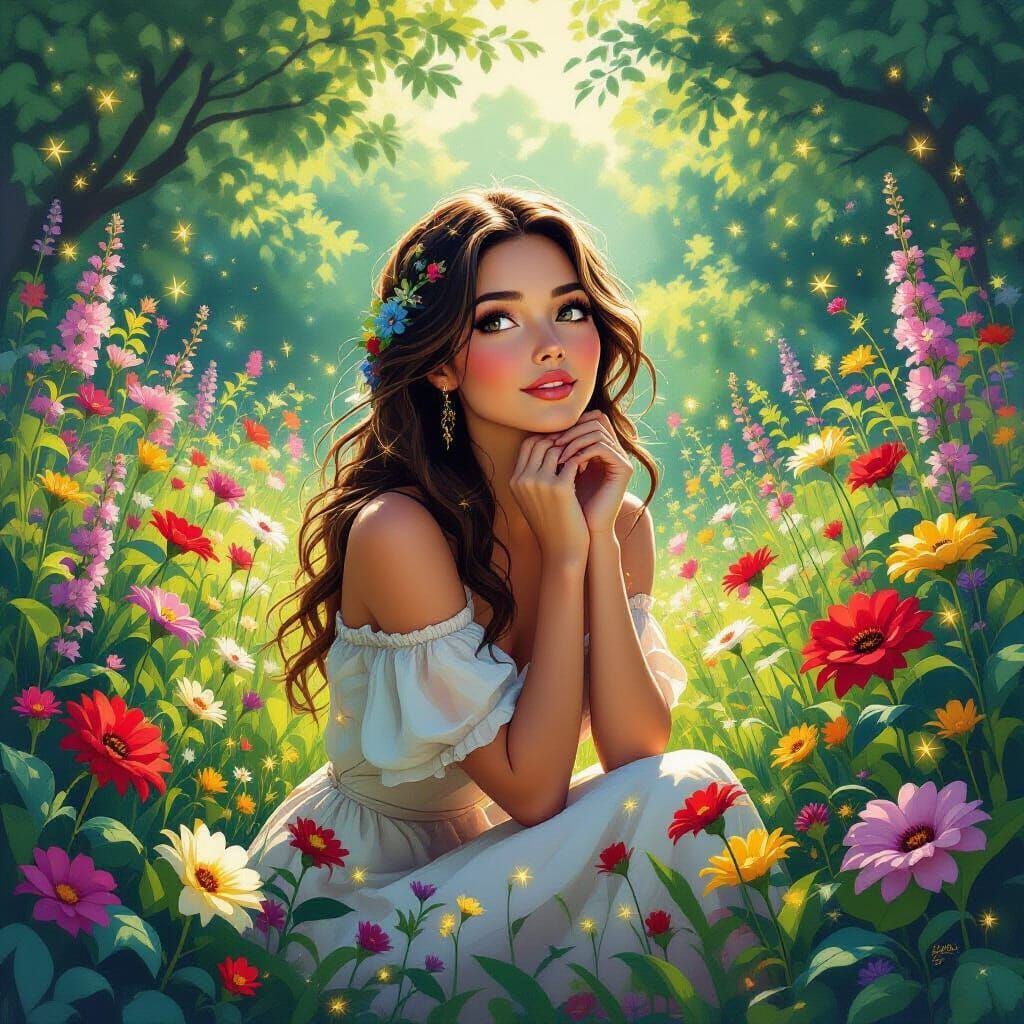 Whimsical Woman in Lush Garden, in Imaginative Realism