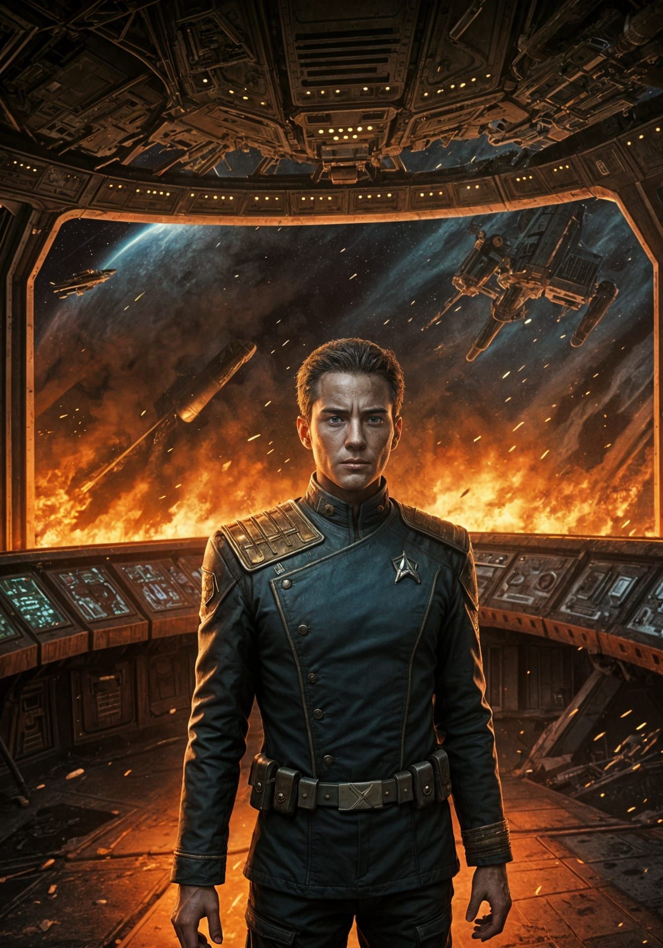 Starship Captain Amidst Chaos in Sci-Fi Painting