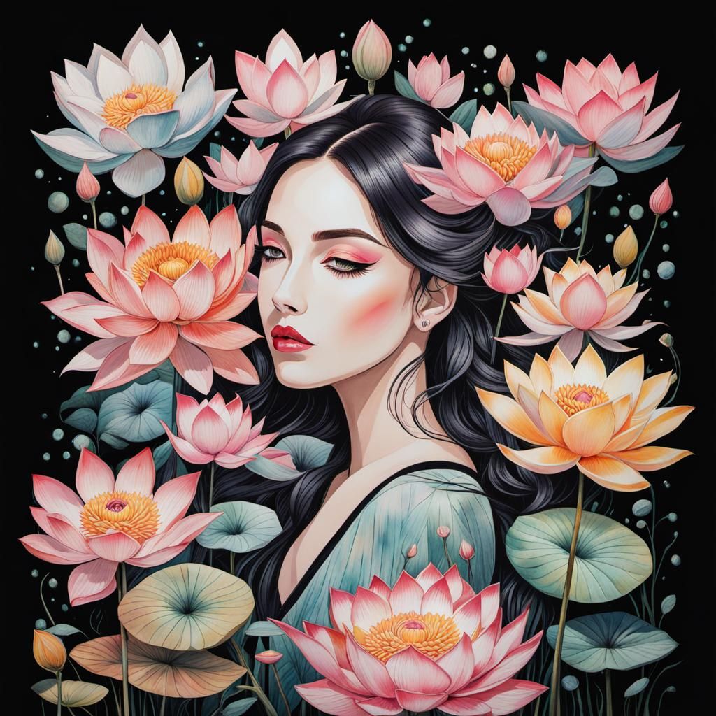 Lotus Flowers, Cranes, and Bonsai in Watercolor Style