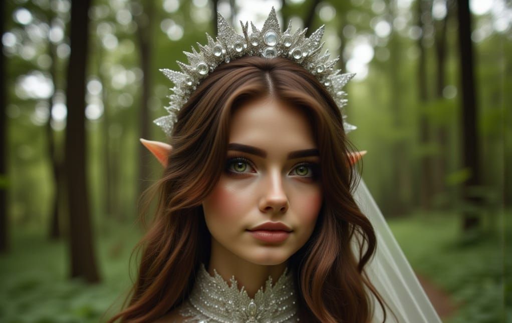 Fairy Elf Woman in Wedding Dress in Woods Photo Portrait