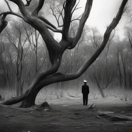 Monochrome Ashfall: Lonely Figure in Barren Landscape