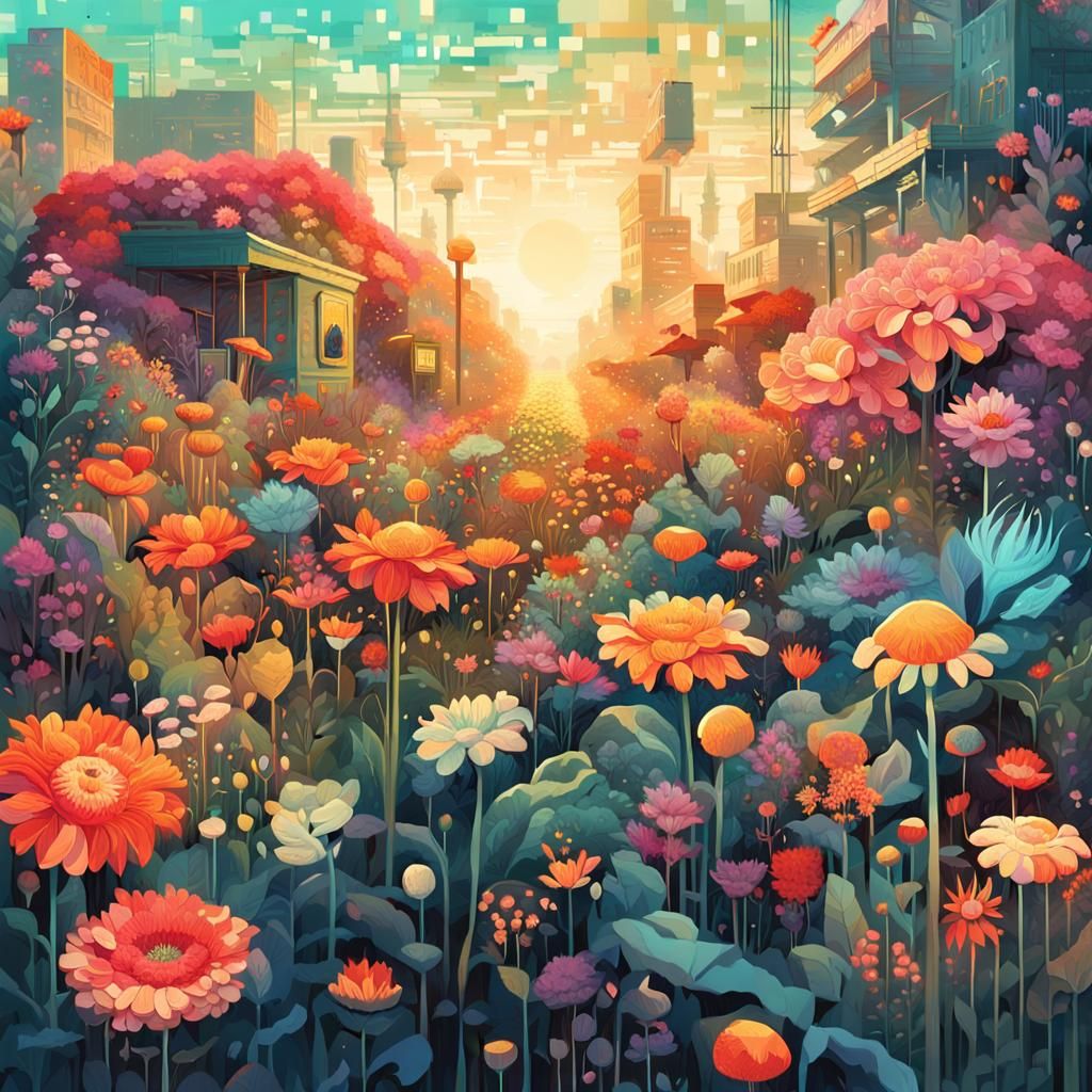 Apocalyptic Pixelated Flower Garden at Sunrise