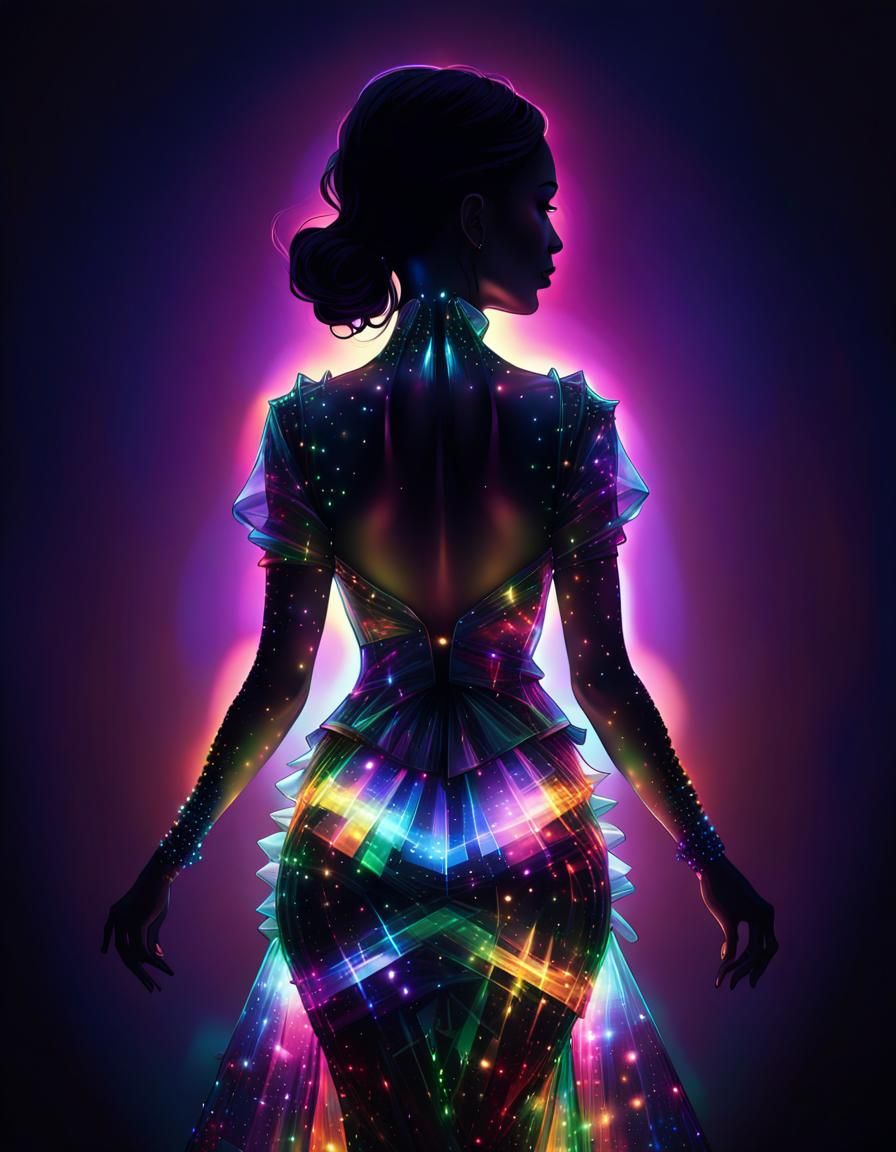 Woman in Plastic Dress with Neon Lights