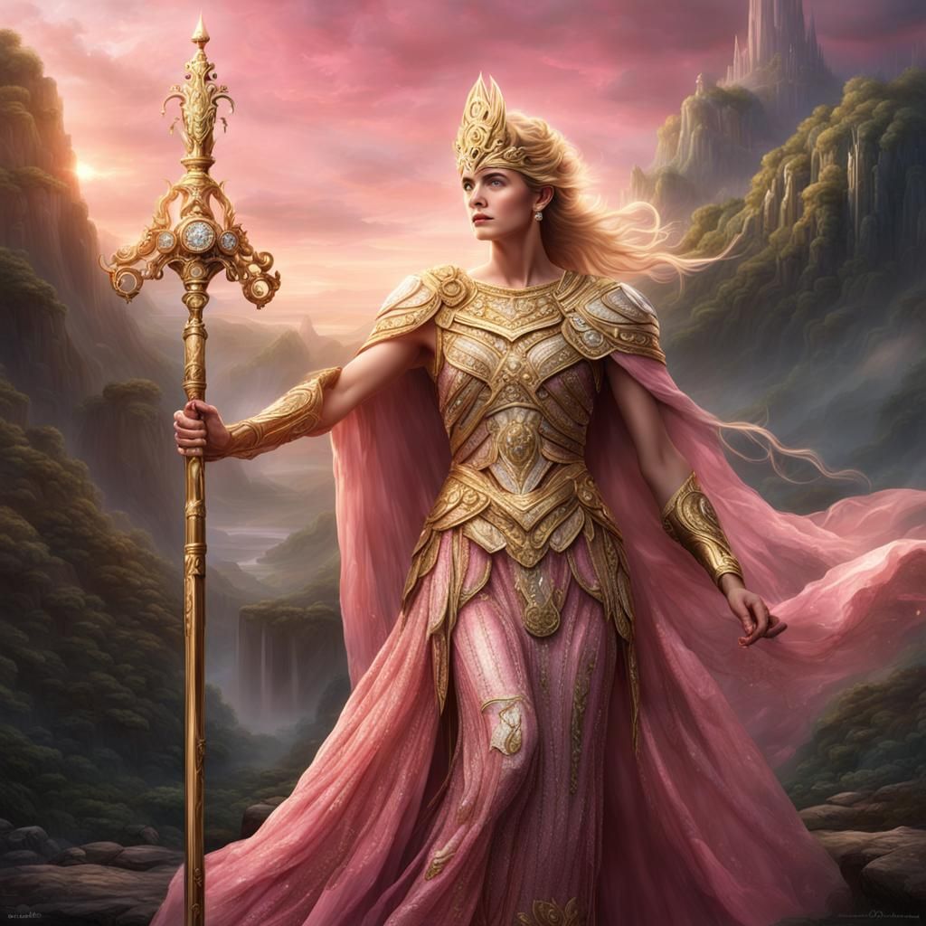 Goddess Athena in Gold and Pink Dress