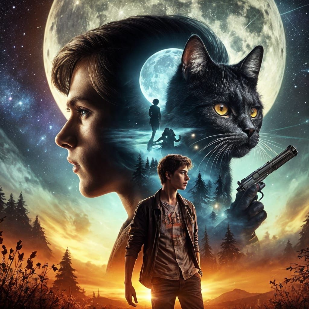 Double Exposure: Boy, Cat, Moon in Bucolic Style