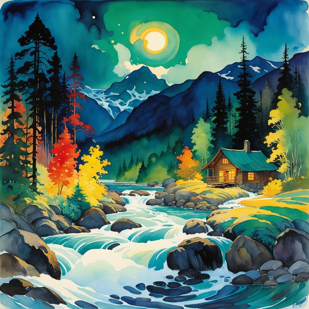 Charming Cabin Beside Alaskan Rapids, Watercolor Style