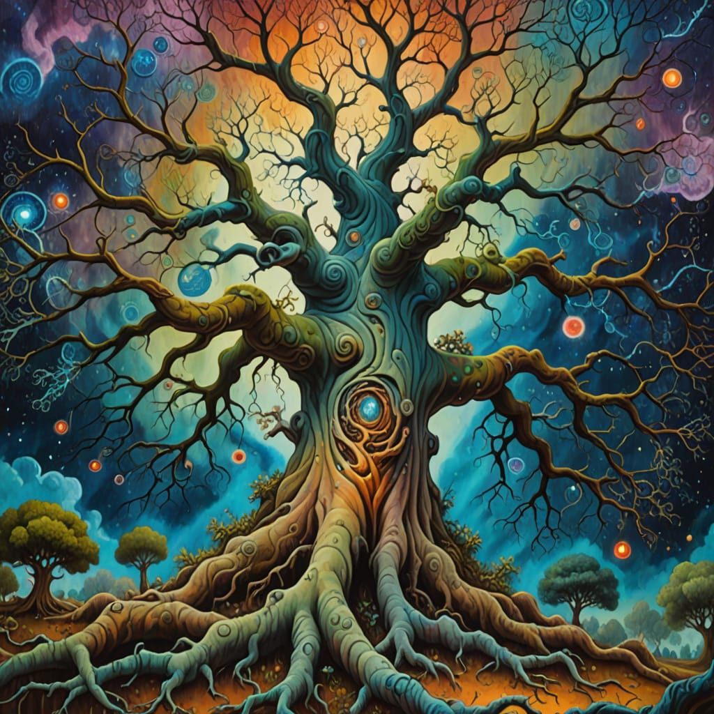 Cosmic Ancient Tree: An Oil Painting in Surreal Style
