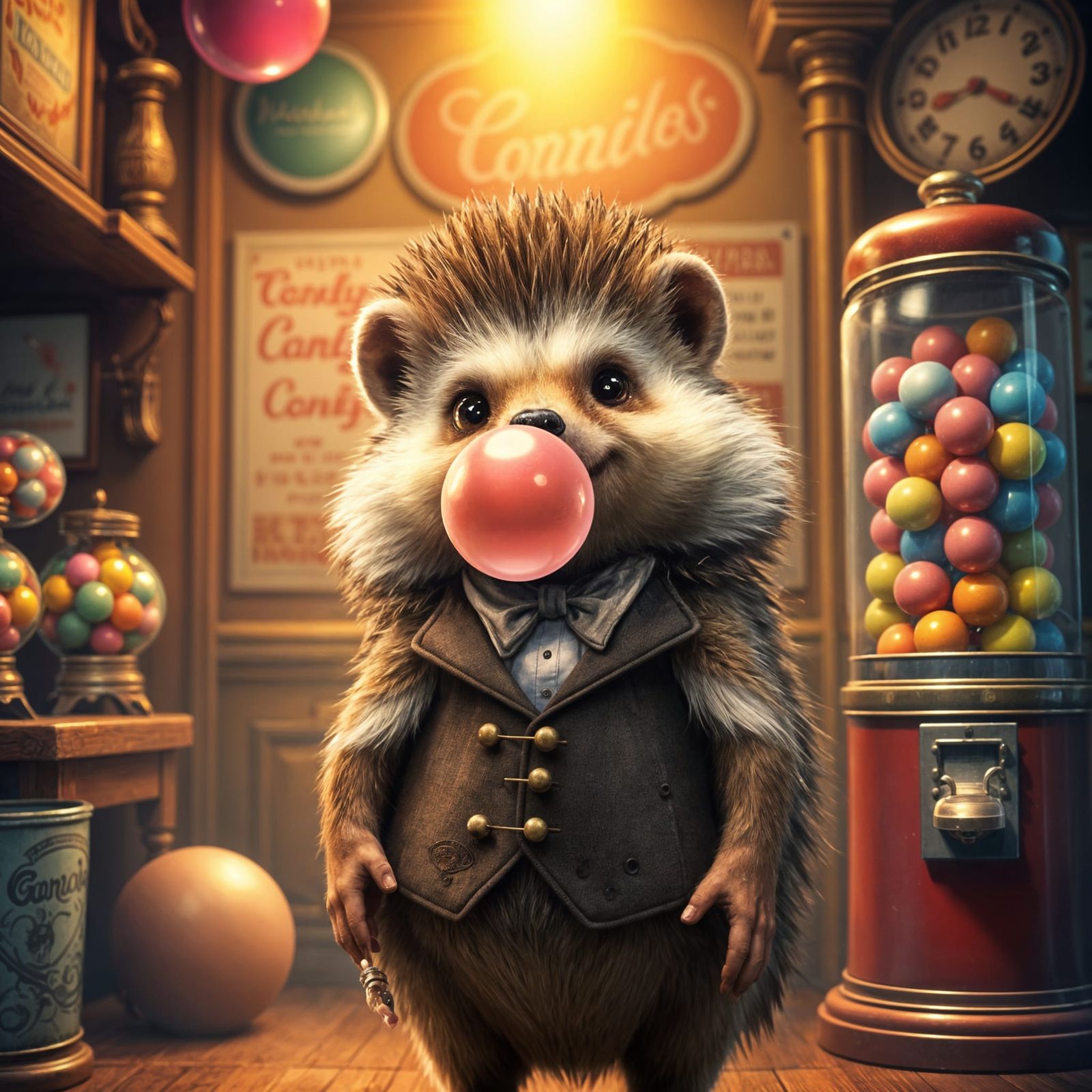 Hedgehog Blows a Bubble in Whimsical Vintage Candy Shop
